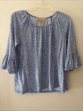 Michael Kors Light Blue Floral Peasant Blouse with Ruffle Sleeves